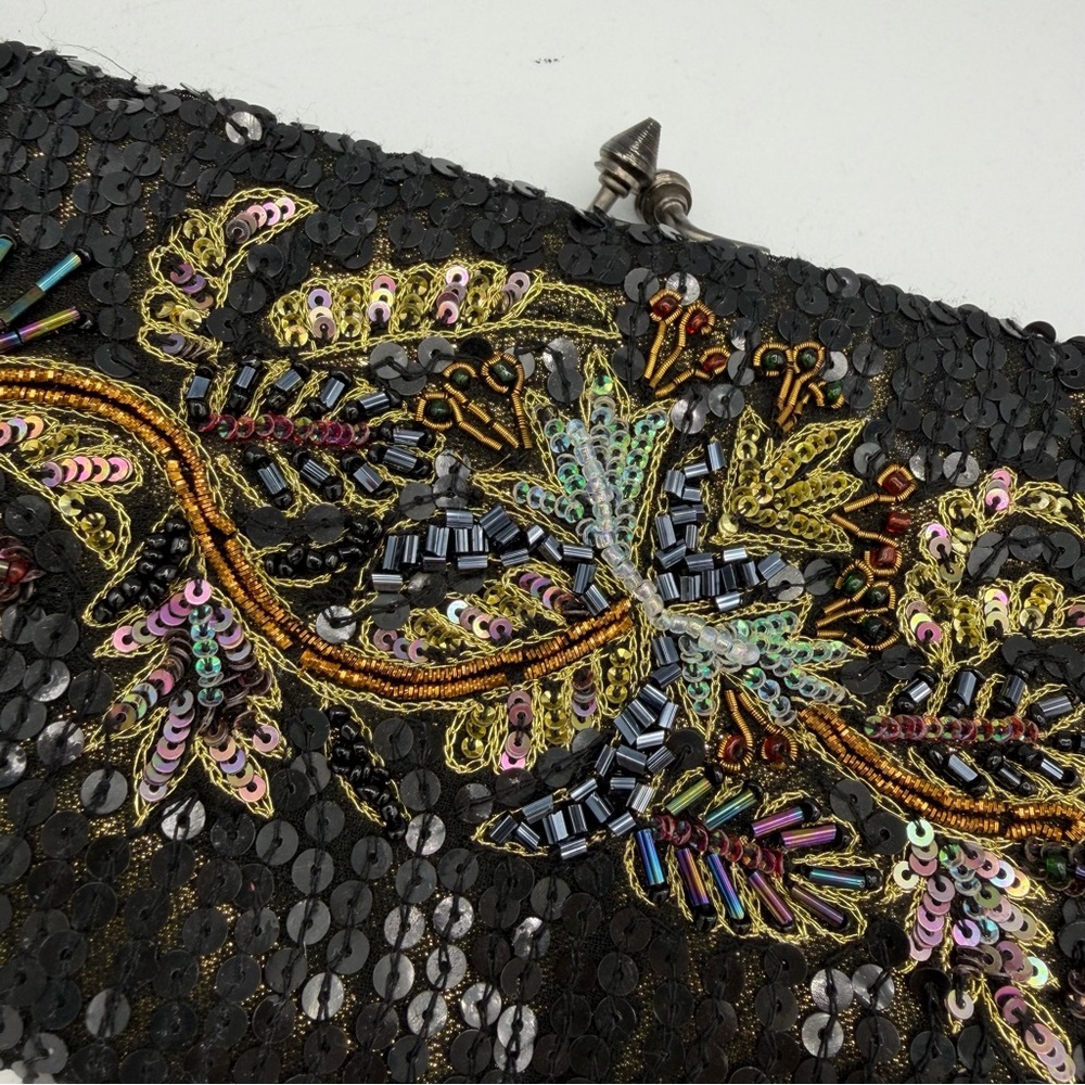 Vintage White House Black Market Sequin Embroidered Floral Kiss Lock Clutch Bag - Picture 3 of 6